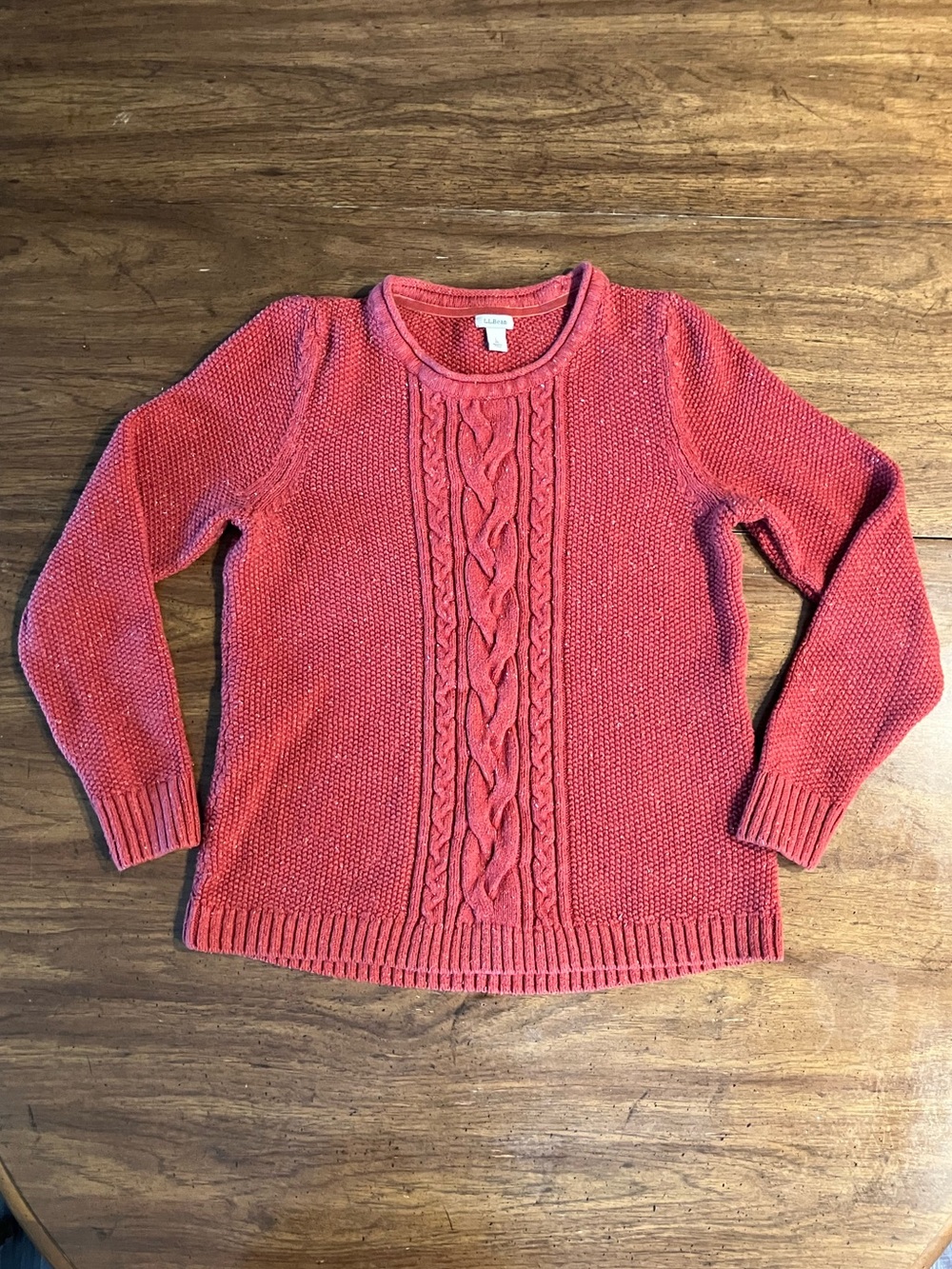 LL Bean Cable Knit Sweater L Rust Orange Coastal Cabin Fisherman Cotton Speckled